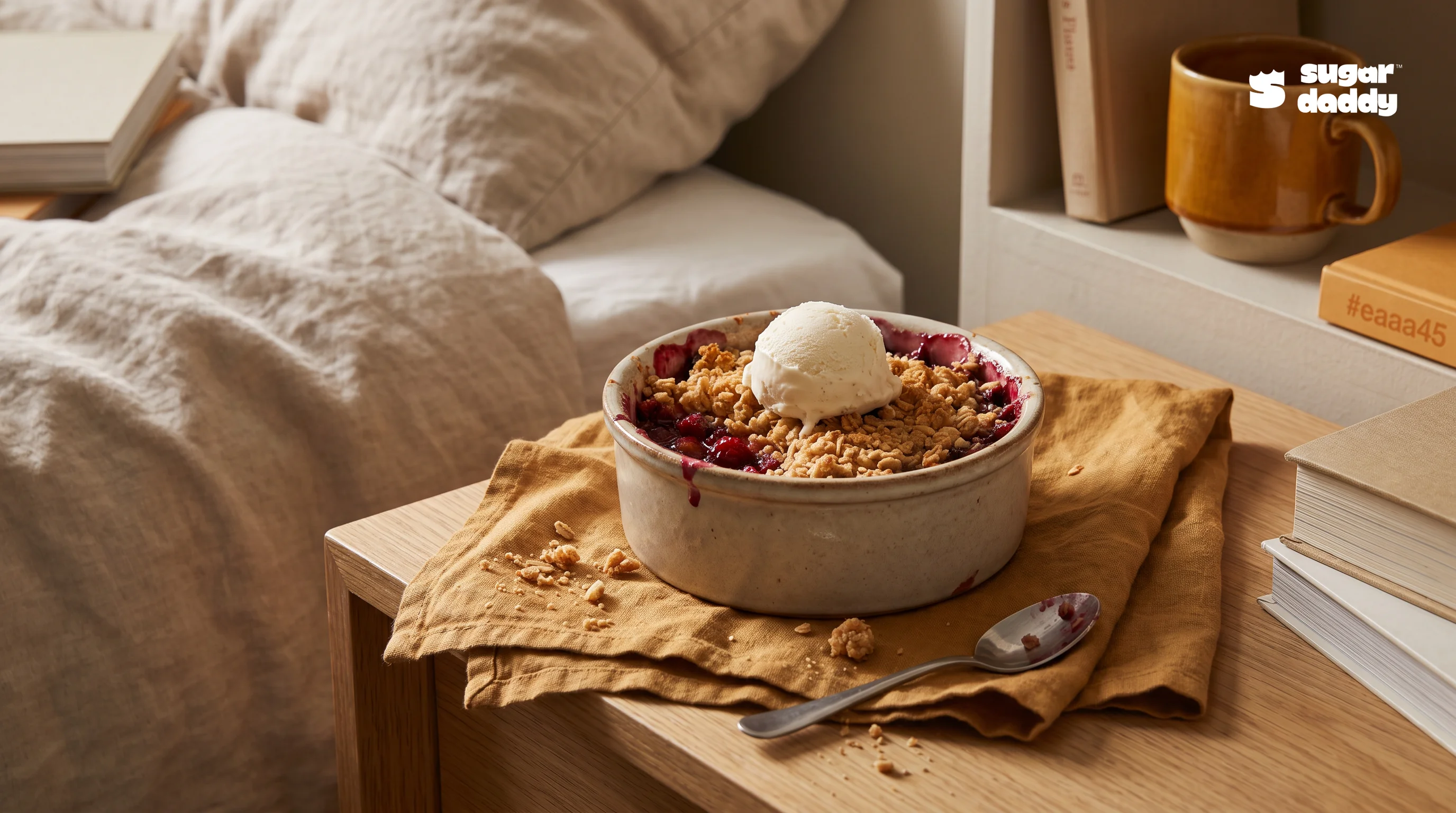Warm berry crumble in a ramekin on a nightstand, perfect for last-minute birthday dessert delivery in Da Nang.