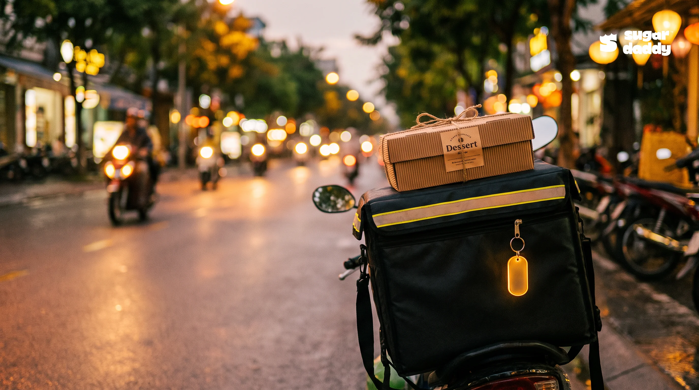 A takeaway dessert box rests on a scooter delivery bag for a last-minute birthday dessert delivery in Da Nang.