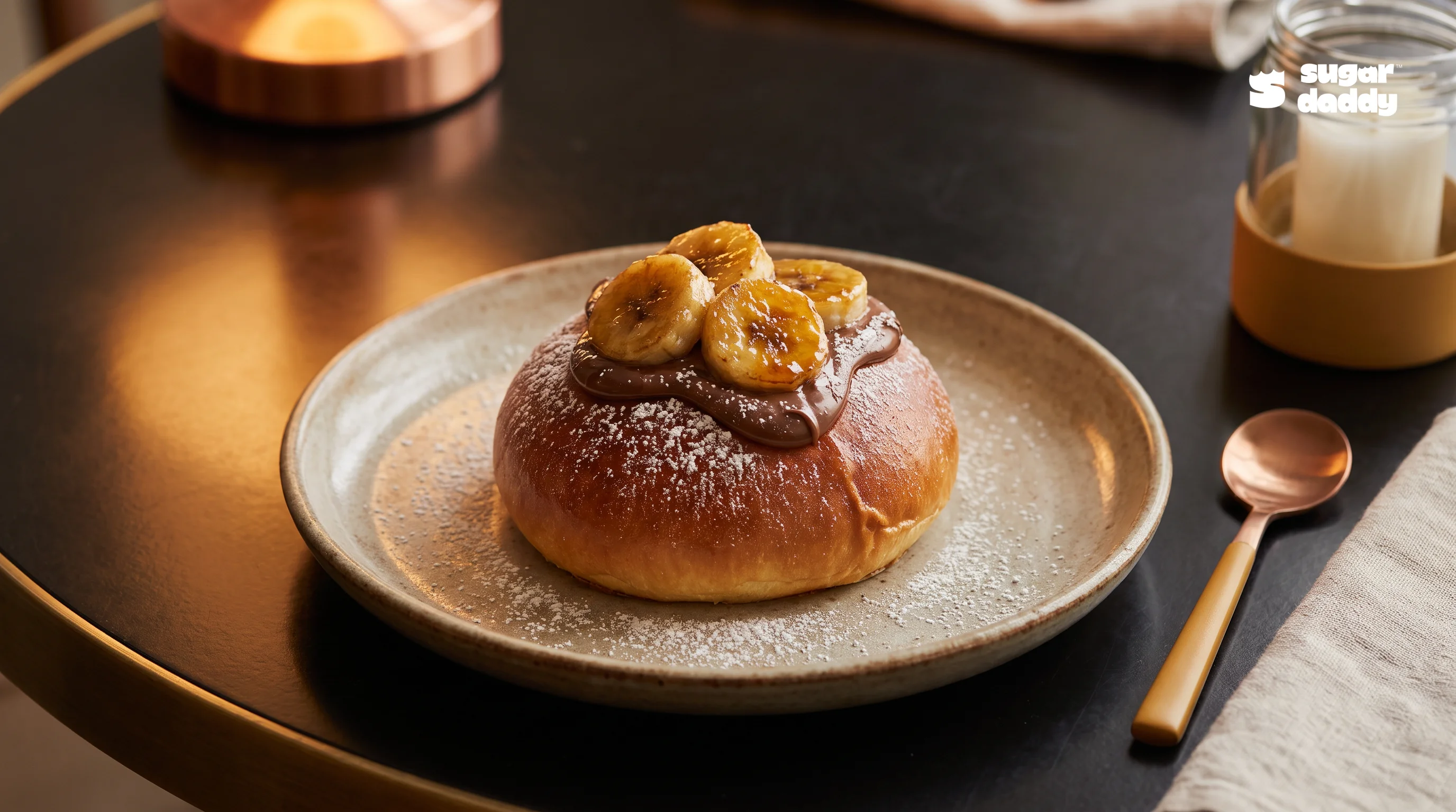 Close-up of warm Nutella brioche with caramelized banana, a delicious option for best food open 2AM Da Nang.