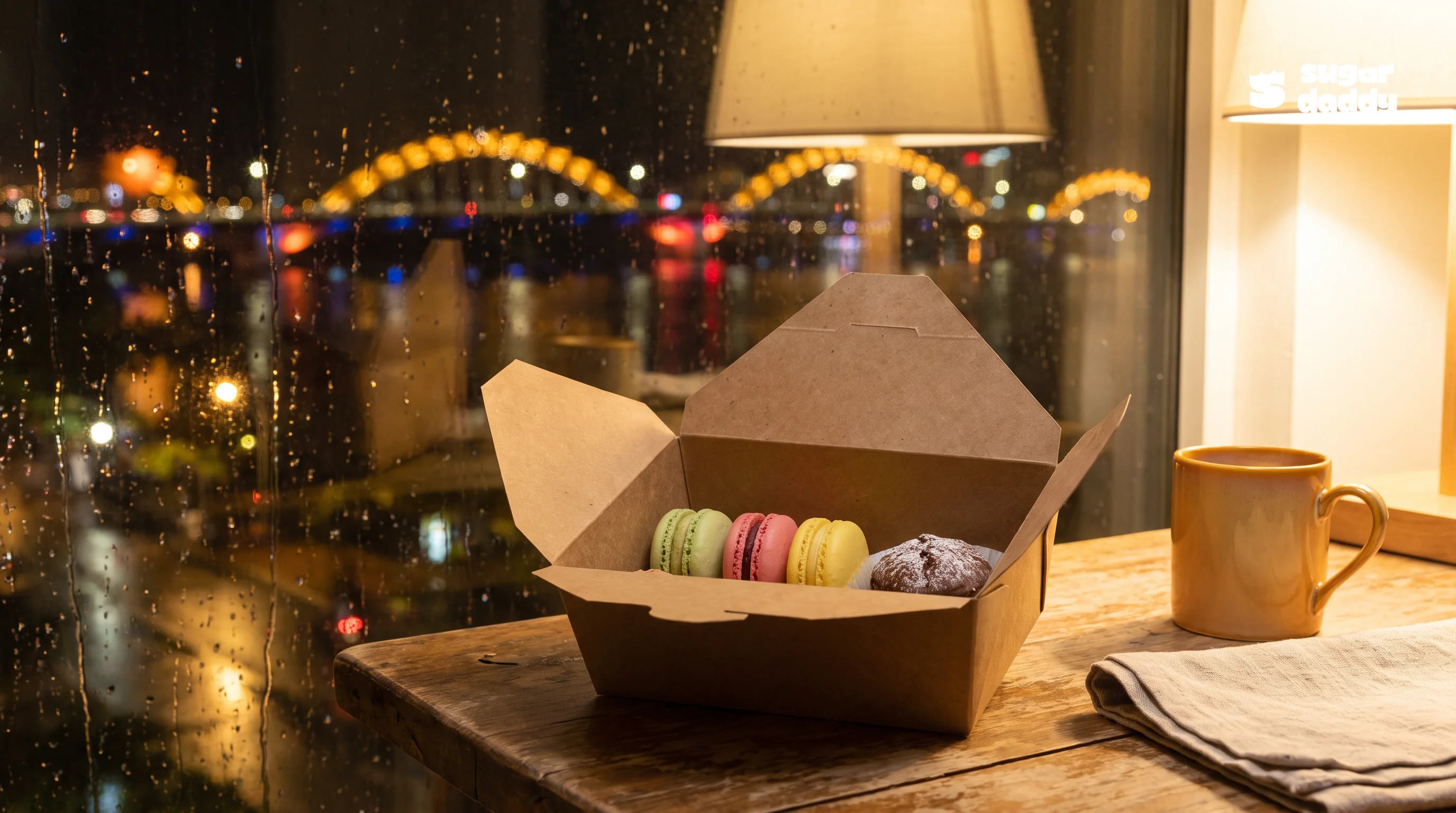 A Sugar Daddy dessert delivery box with macarons and a pastry near Da Nang's Dragon Bridge.