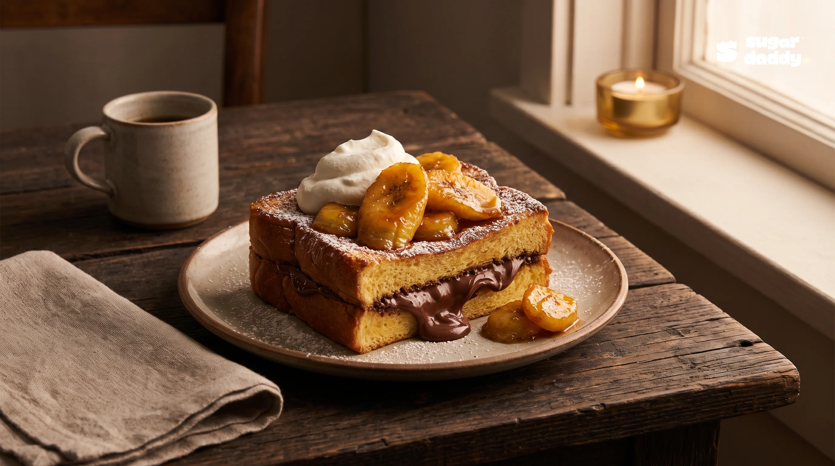 Warm brioche with Nutella and caramelized banana, a delicious Sugar Daddy best desserts for delivery item.