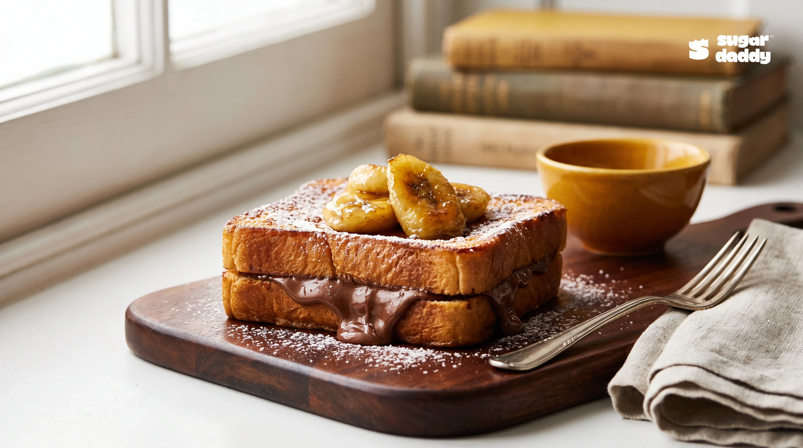 Warm brioche with Nutella and caramelized banana, an inviting dessert to order tonight.
