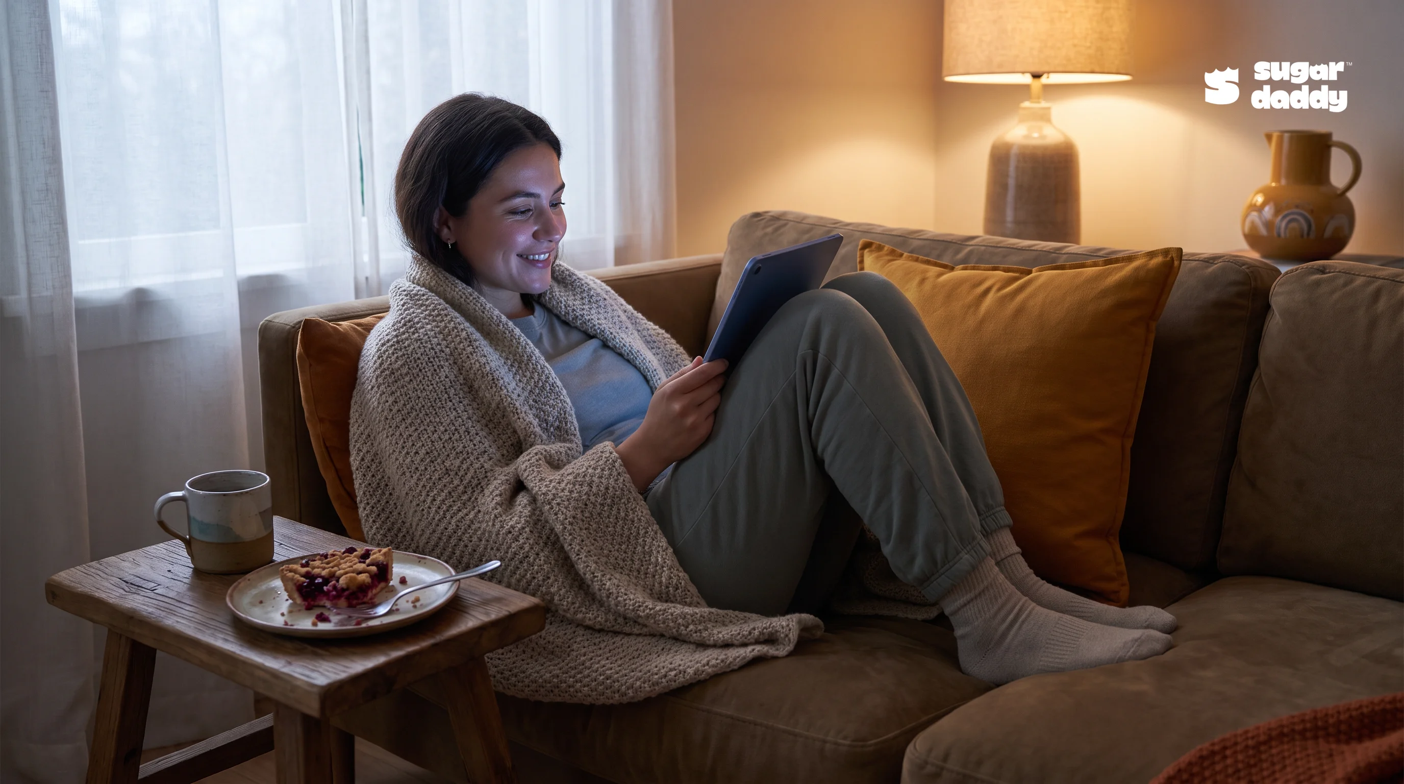A person decides how to choose dessert for delivery, scrolling on a tablet late at night.