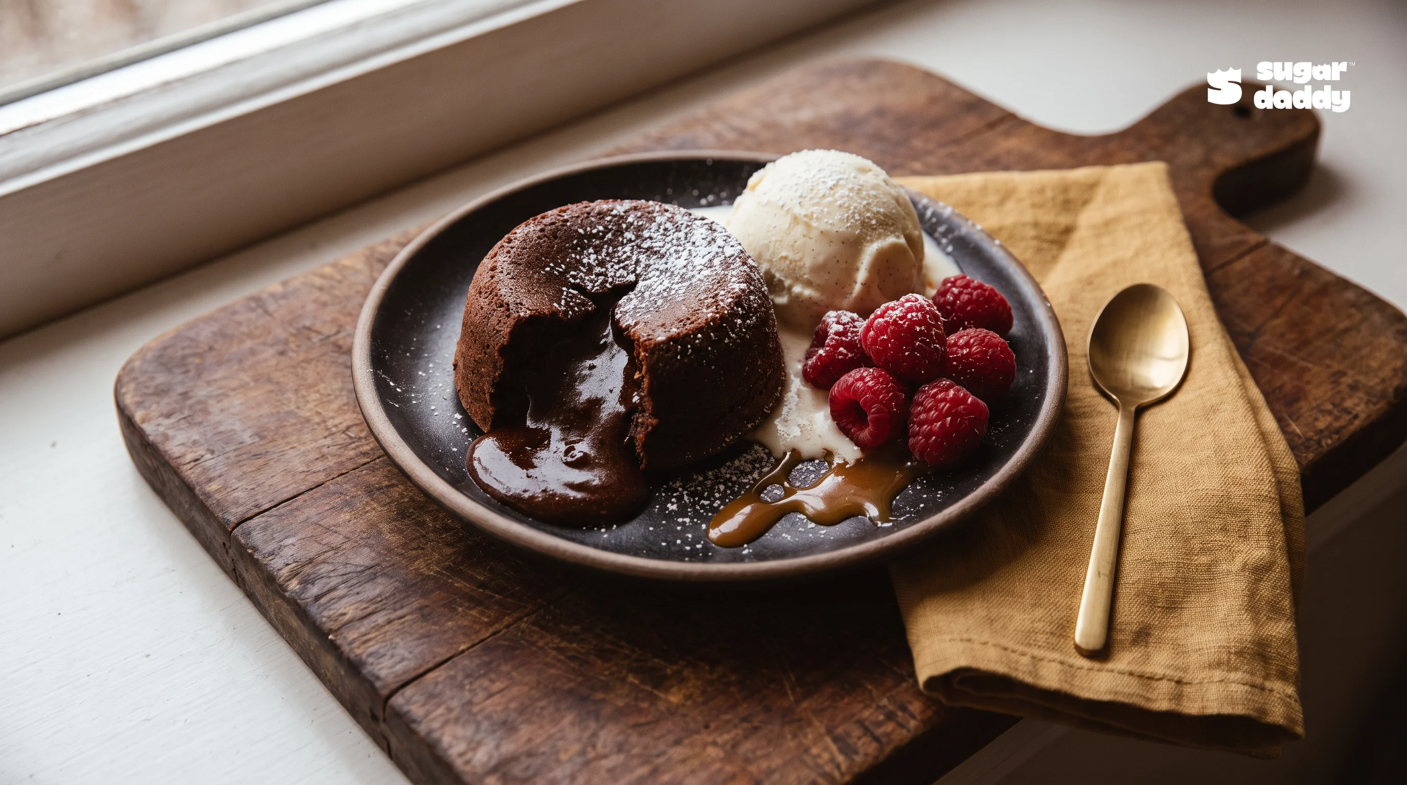 Molten chocolate lava cake with vanilla ice cream and raspberries, a Sugar Daddy dessert.