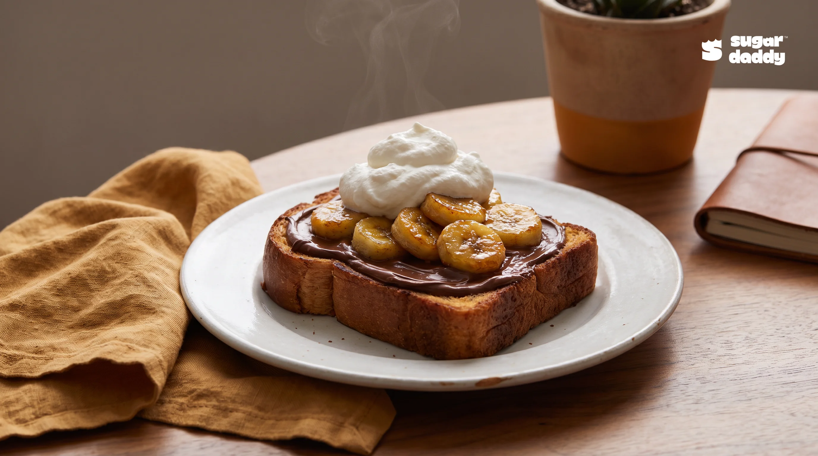 Steaming brioche dessert with Nutella and banana, a delicious option for best late night food expats Da Nang.