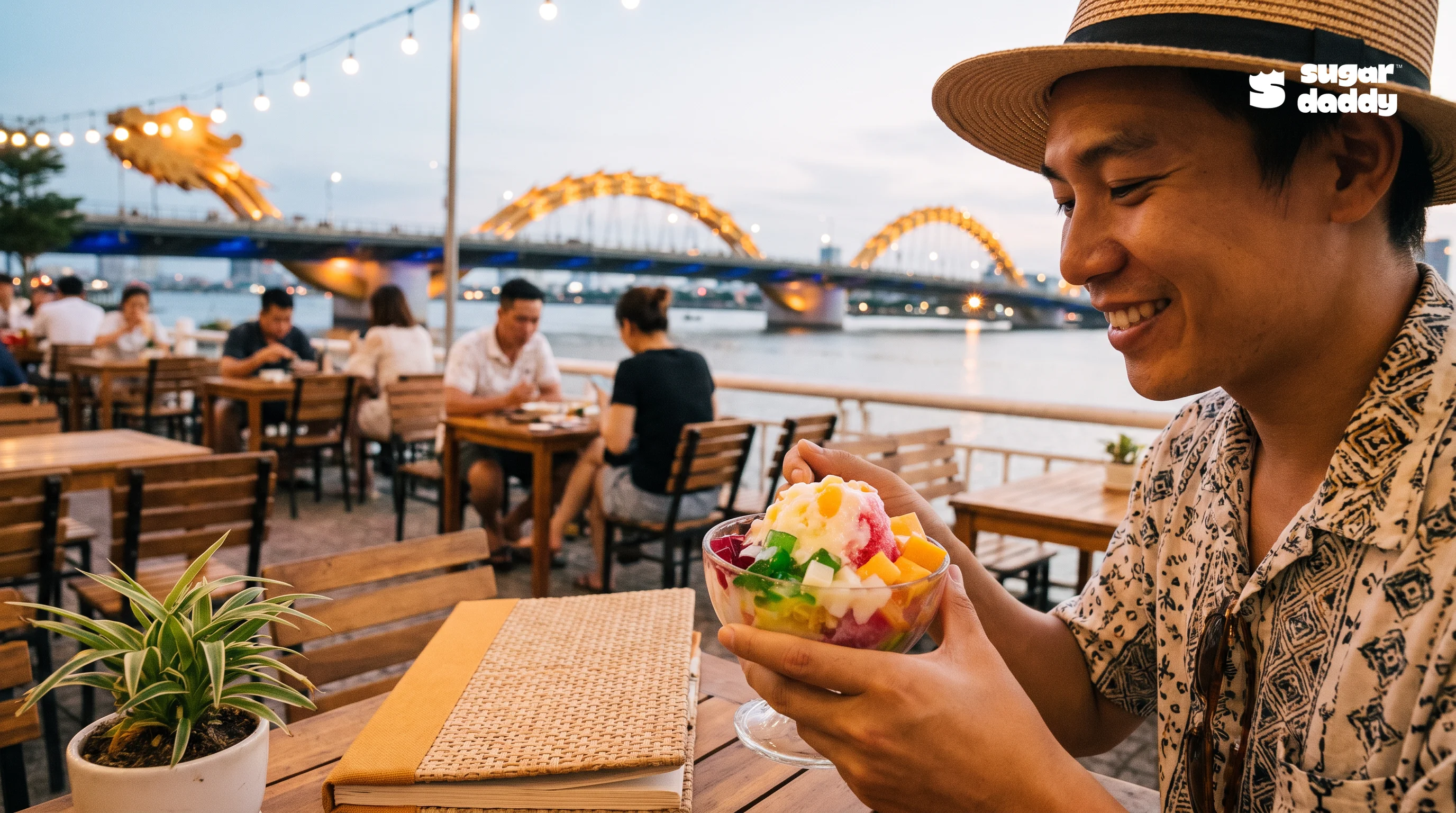 A person enjoying a colorful bowl of Che, a popular best dessert near Dragon Bridge in Da Nang.