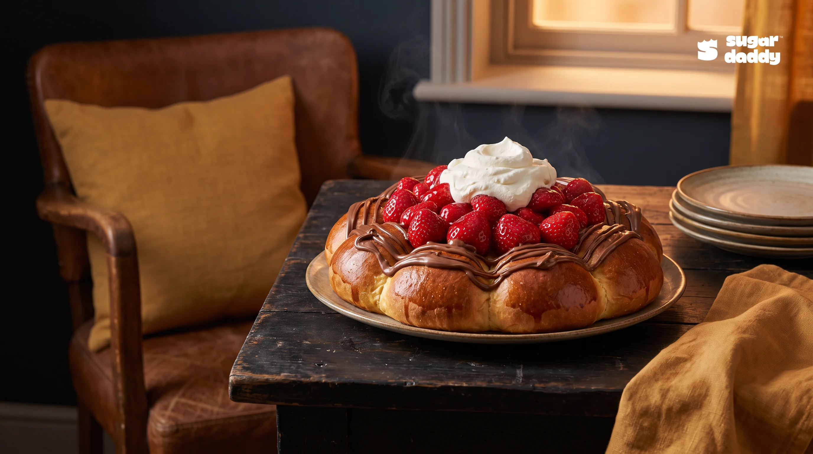 Warm brioche dessert with strawberries and Nutella, a sweet food delivery My Khe Beach option.