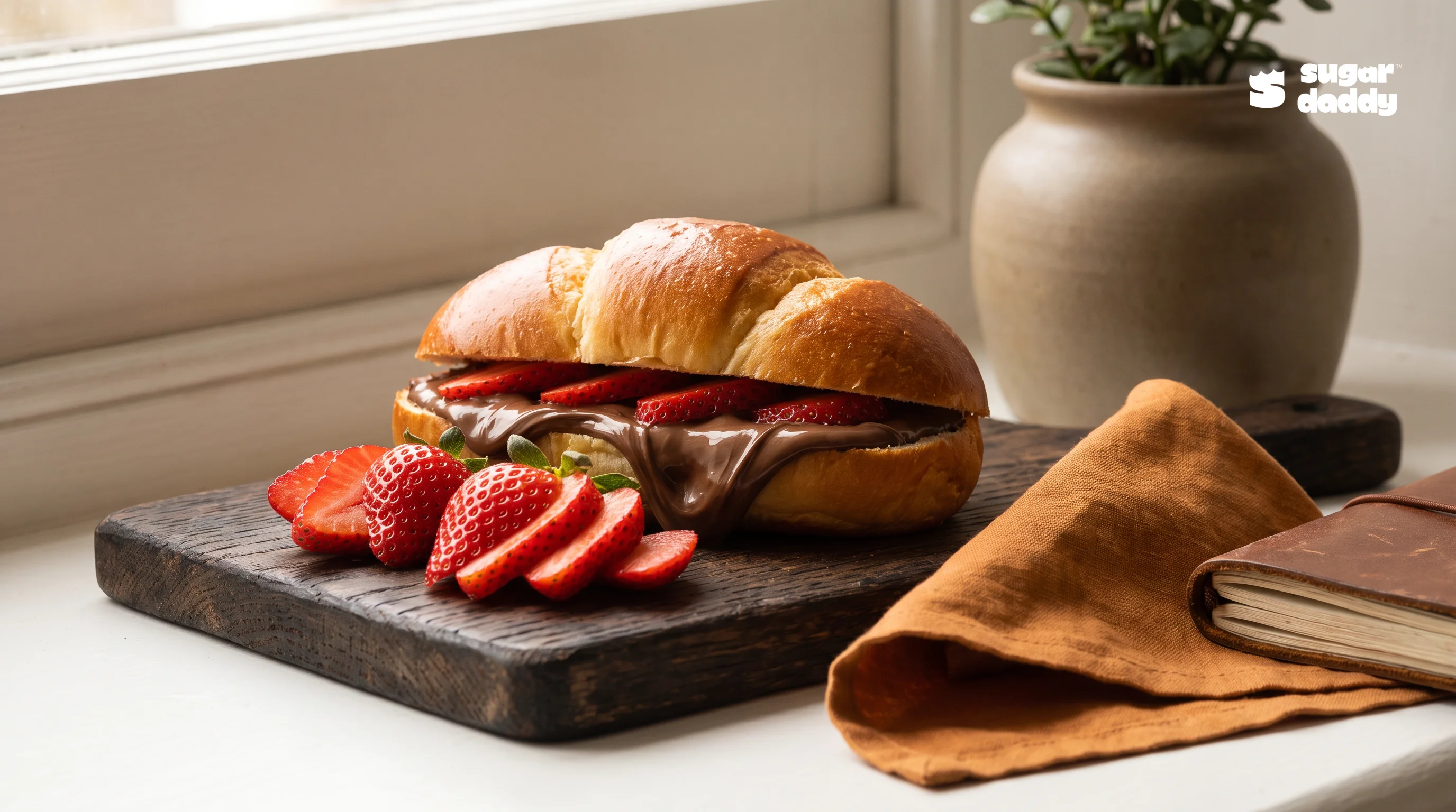 A warm brioche bun with Nutella and strawberries, a best dessert for chocolate lovers.