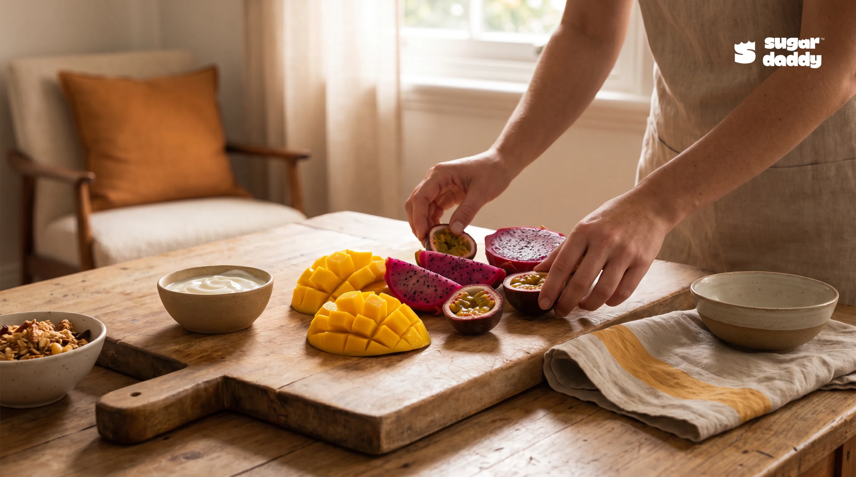 Colorful platter of fresh mango, dragon fruit, and passion fruit, a best dessert for fruit lovers.