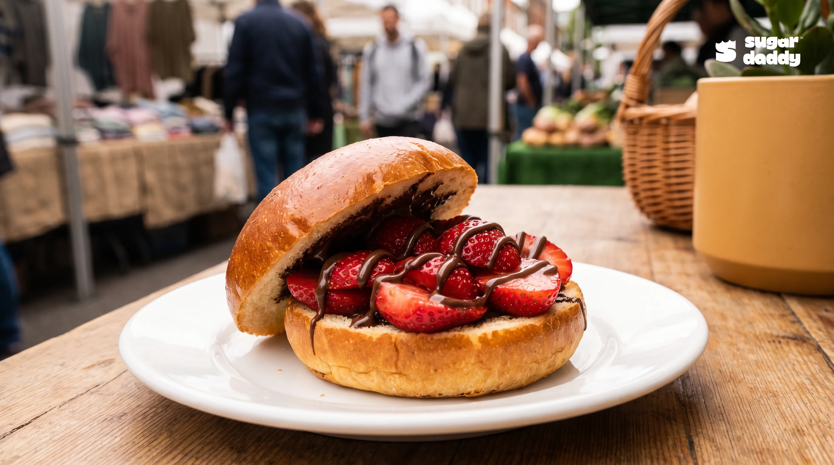 Warm brioche topped with strawberries and chocolate, a best dessert for fruit lovers.