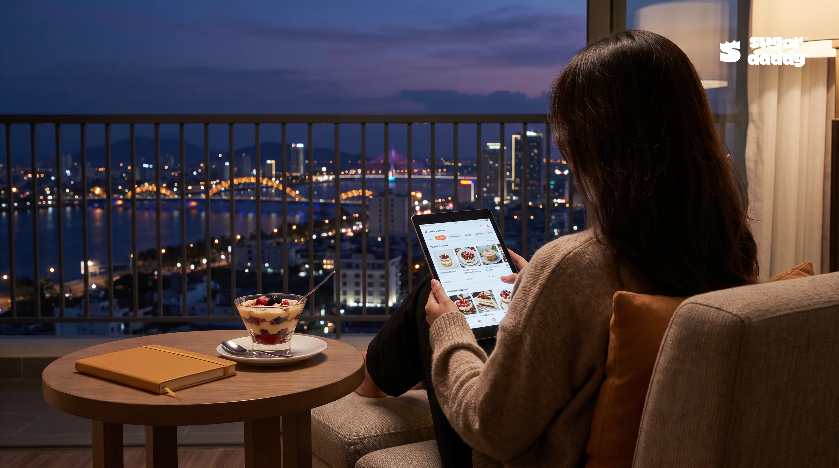 A person viewing dessert delivery options at night, next to a best dessert for sharing.