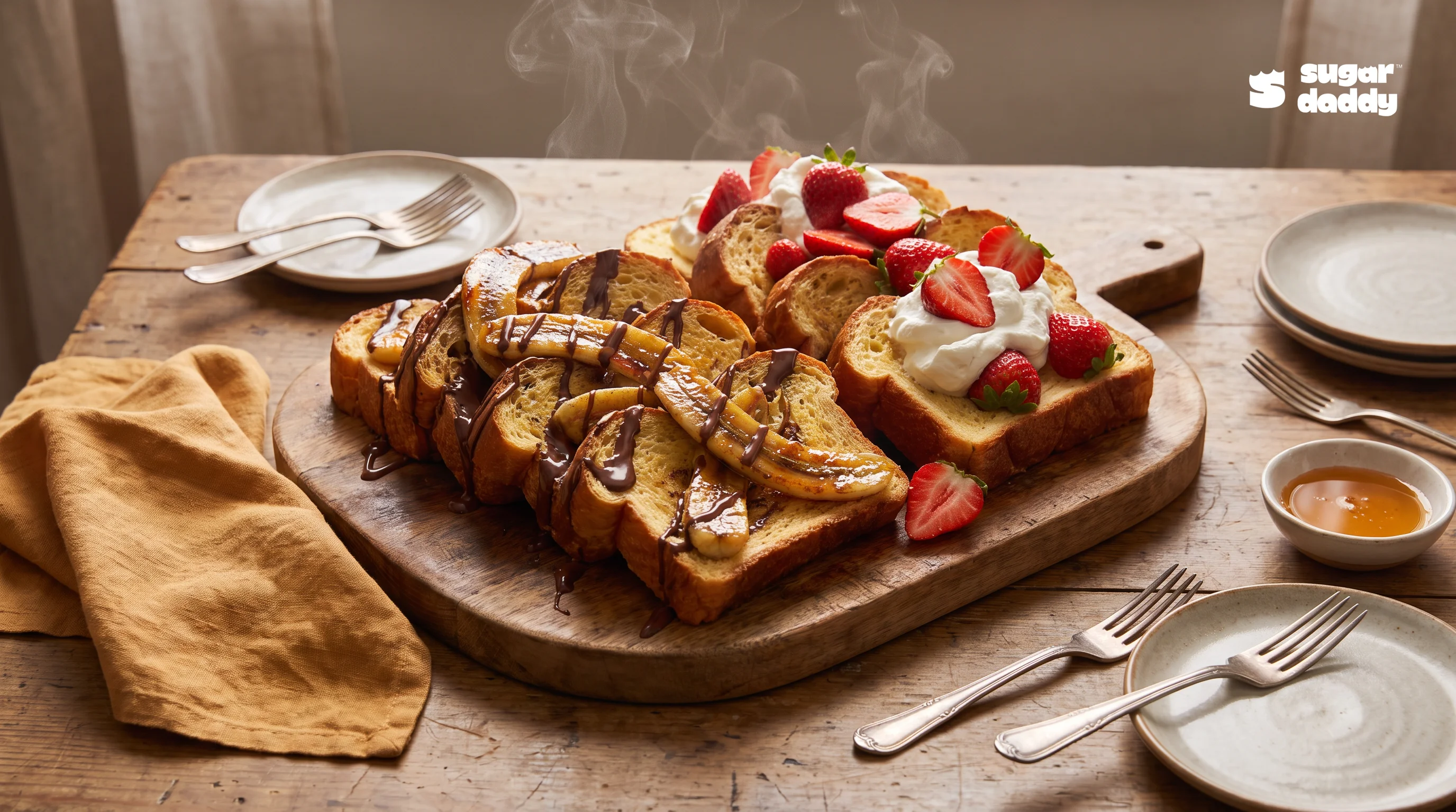 Warm brioche dessert platter with chocolate, banana, strawberries, and cream, the best dessert for sharing.