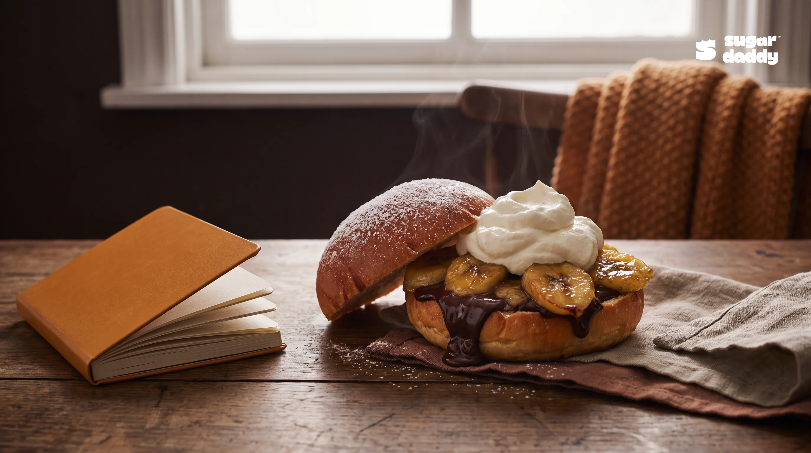 Warm brioche dessert with melted chocolate, caramelized banana, and whipped cream on a dark table.