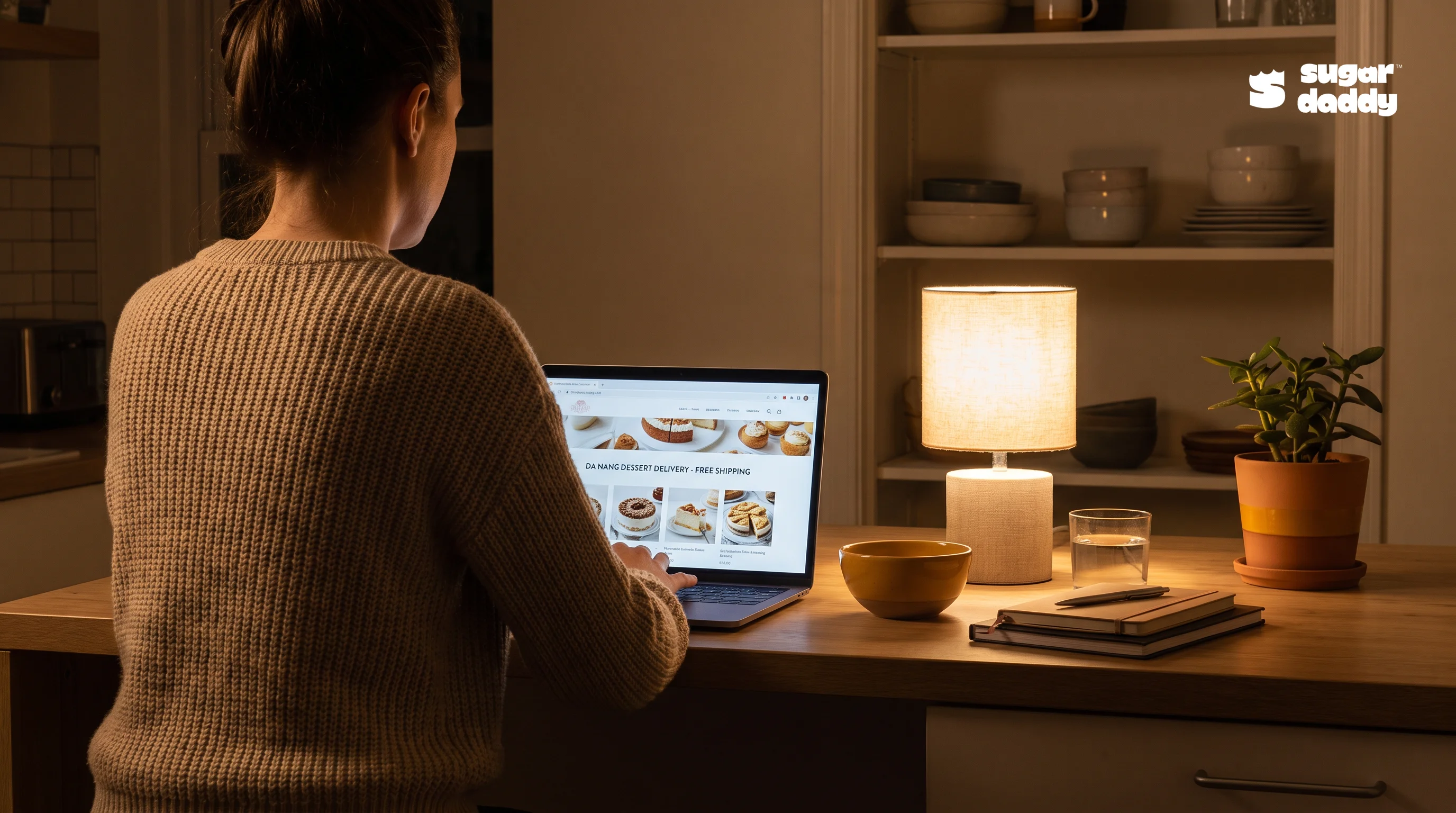 Woman browsing a laptop for late-night free dessert delivery Da Nang options.