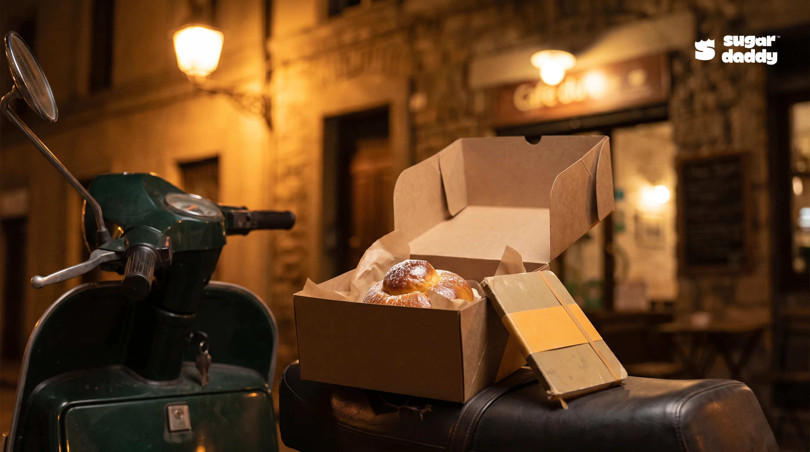 Warm brioche dessert peeking from a delivery box on a scooter seat, ready for free dessert delivery in Da Nang.