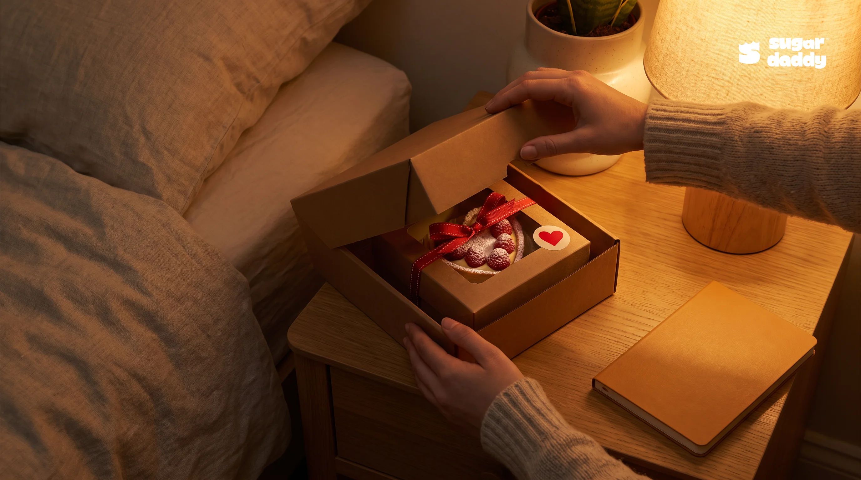 Late-night Valentine's Day dessert delivery box being opened on a bedside table.
