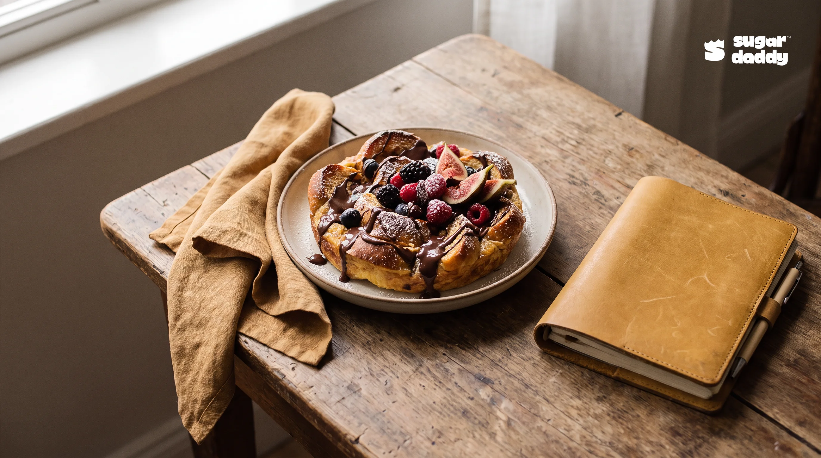 An overhead view of a warm brioche dessert with chocolate and fruit, one of the best affordable desserts in Da Nang.
