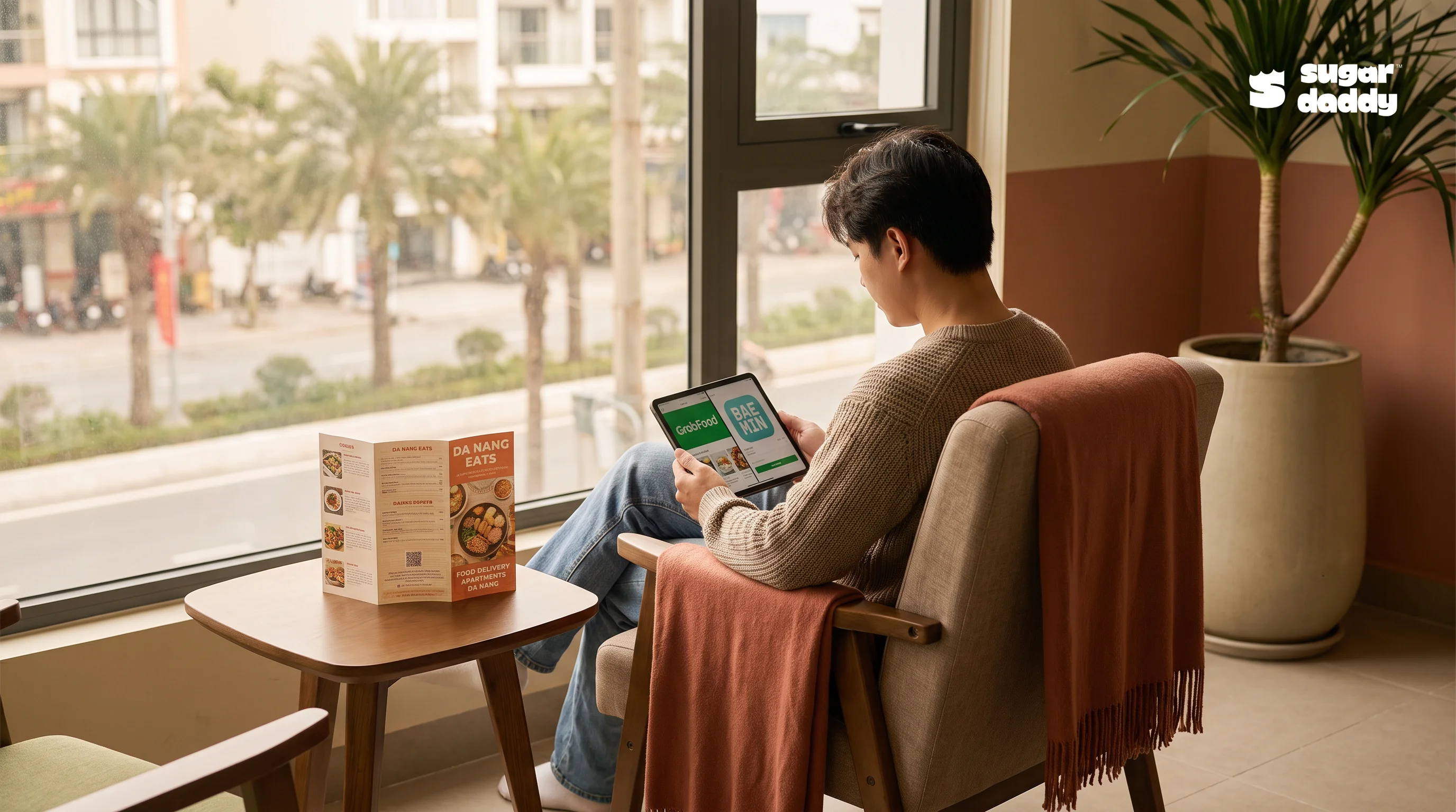 A person compares food delivery options on a tablet for apartments in Da Nang.