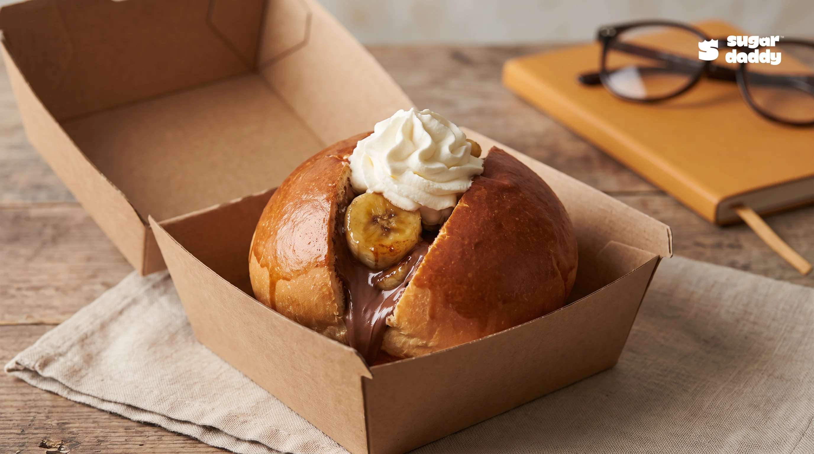 Warm brioche with Nutella and caramelized banana in a delivery box, an option for best food delivery Da Nang tourists.