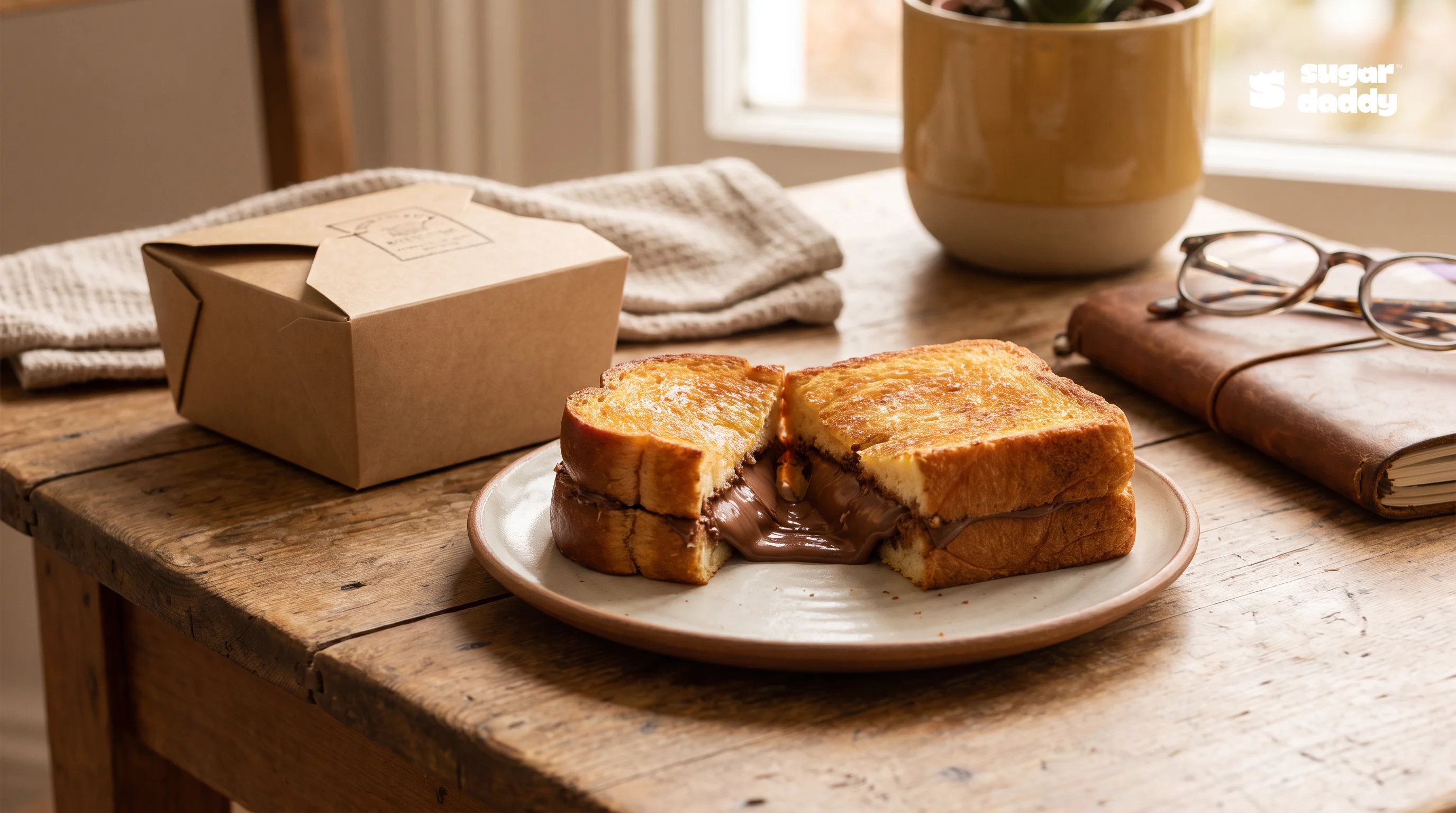 Warm Nutella brioche dessert next to a takeaway box, illustrating English friendly food delivery in Da Nang.