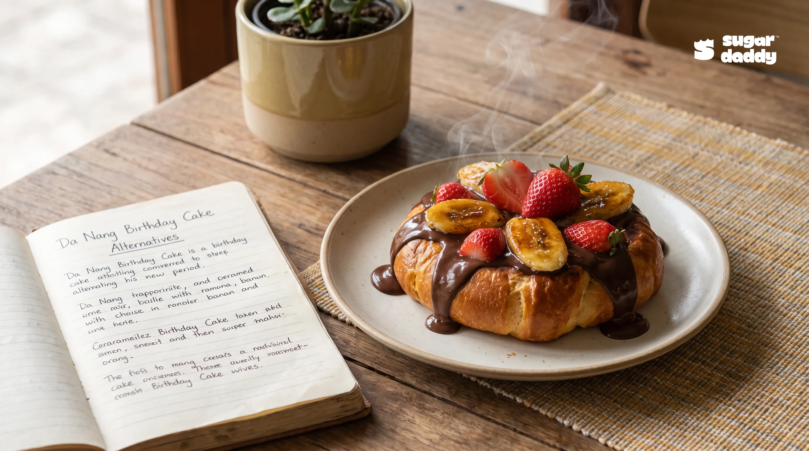 Warm brioche dessert with chocolate and fruit, a tempting birthday cake alternative in Da Nang.