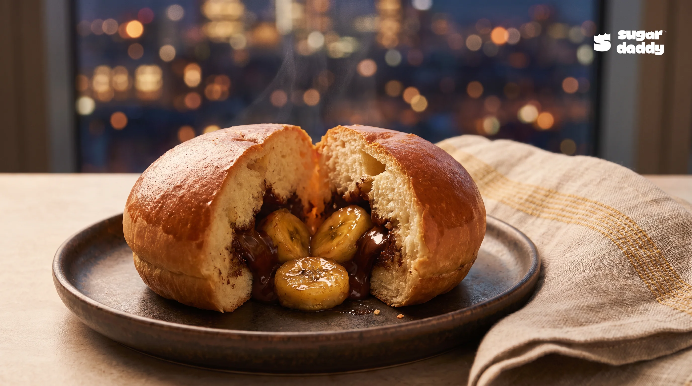 Close-up of a warm brioche with melted chocolate and banana, ideal for best food after night out Da Nang.