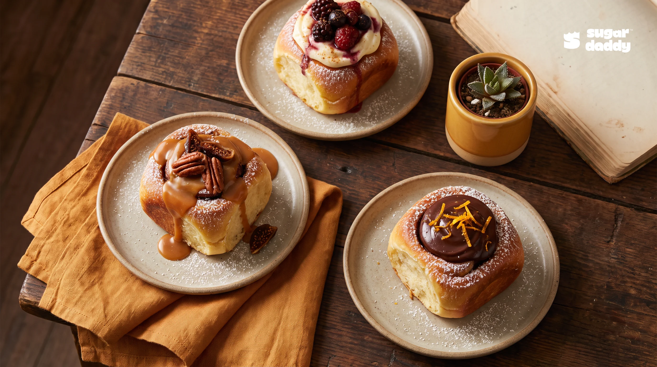Three different brioche desserts on a dark table, highlighting best dessert My An options.