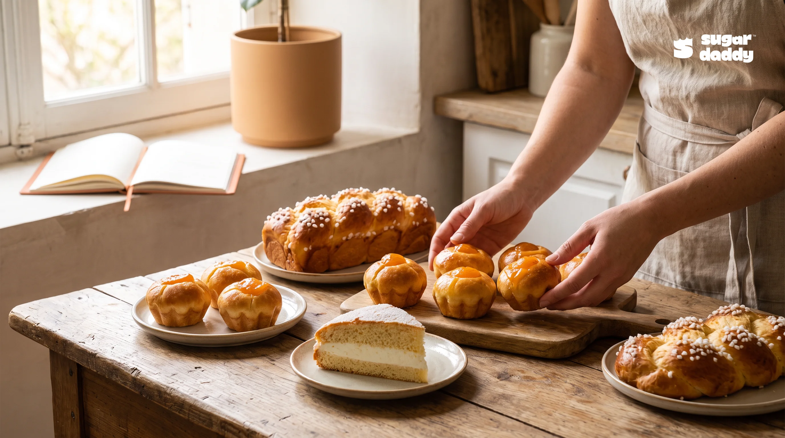 A selection of prepared brioche desserts arranged on a wooden table, answering 'is brioche a dessert?'