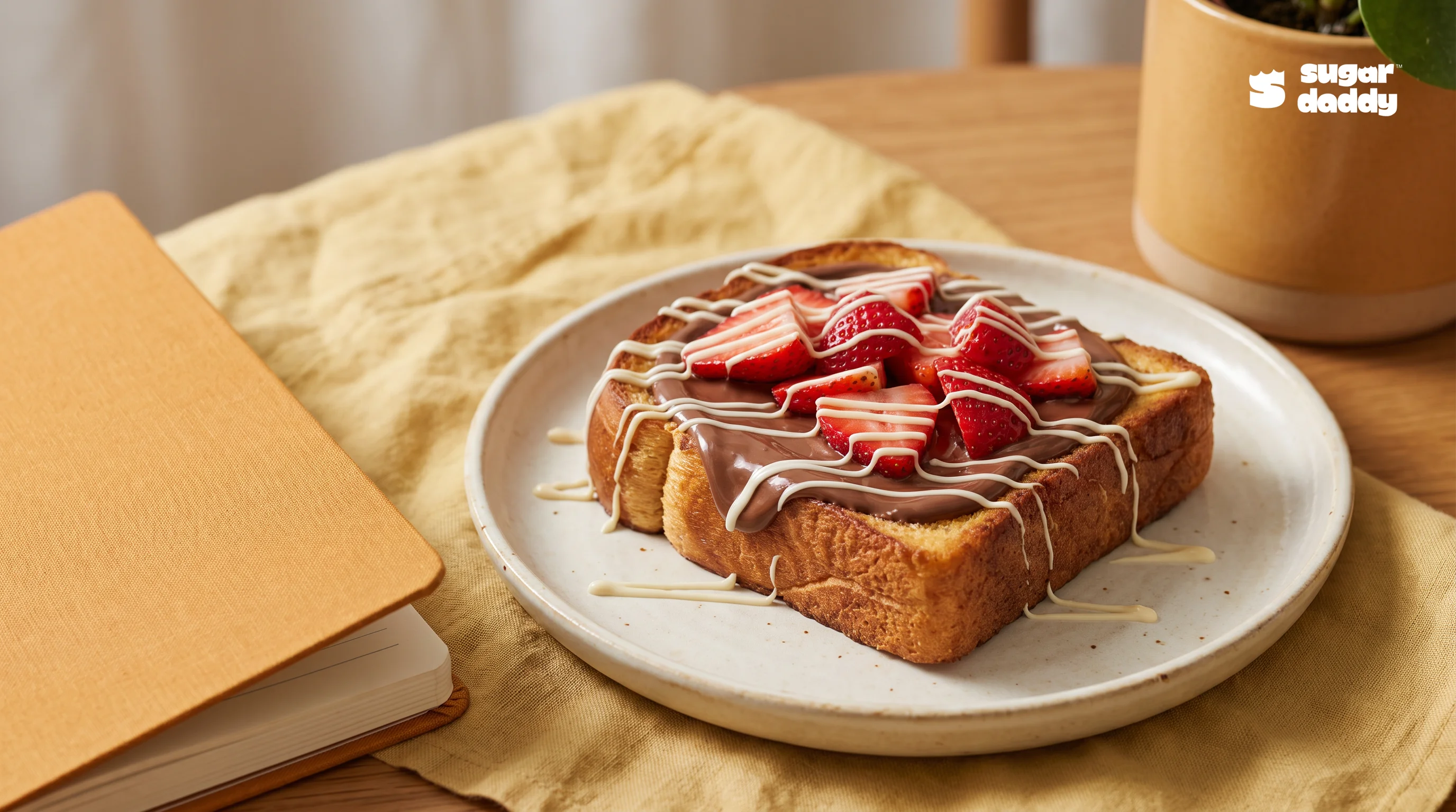 Warm brioche slice generously topped with Nutella and fresh strawberries, showcasing best brioche toppings.