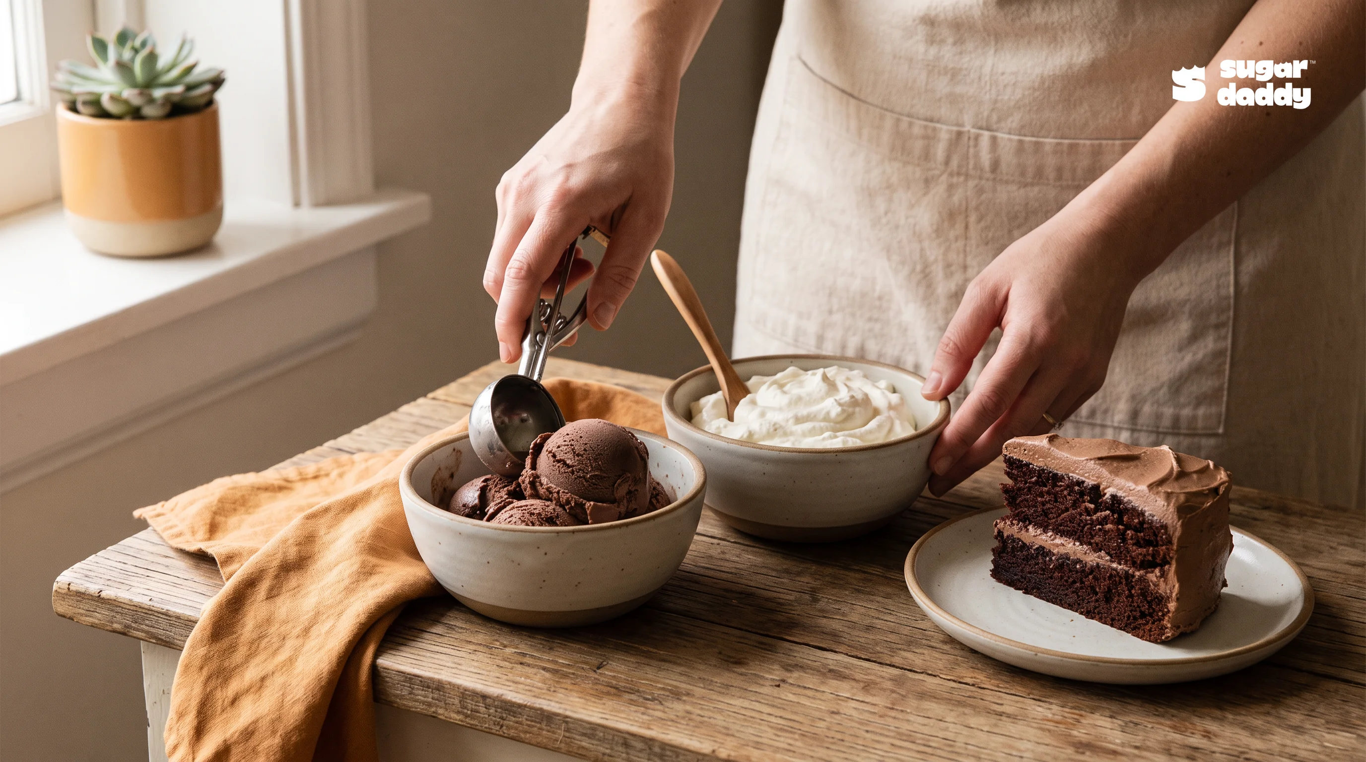 Chocolate cake with separate bowls of whipped cream and ice cream desserts ready for comparison.