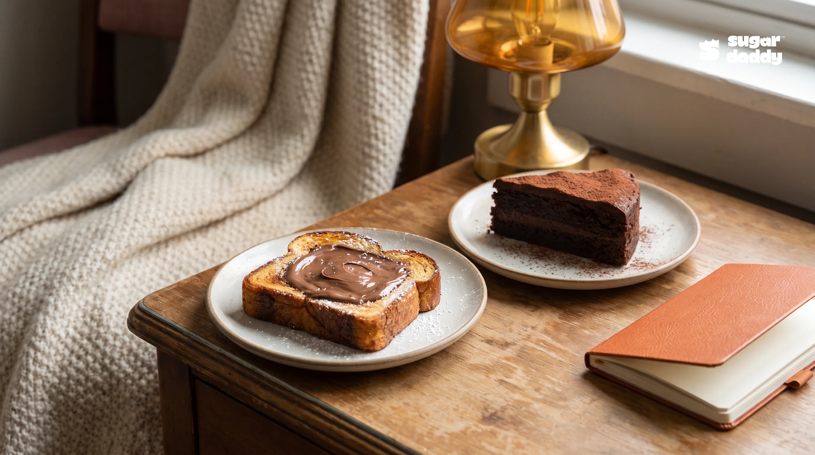 Side-by-side comparison of a warm Nutella brioche slice and a rich chocolate cake slice.