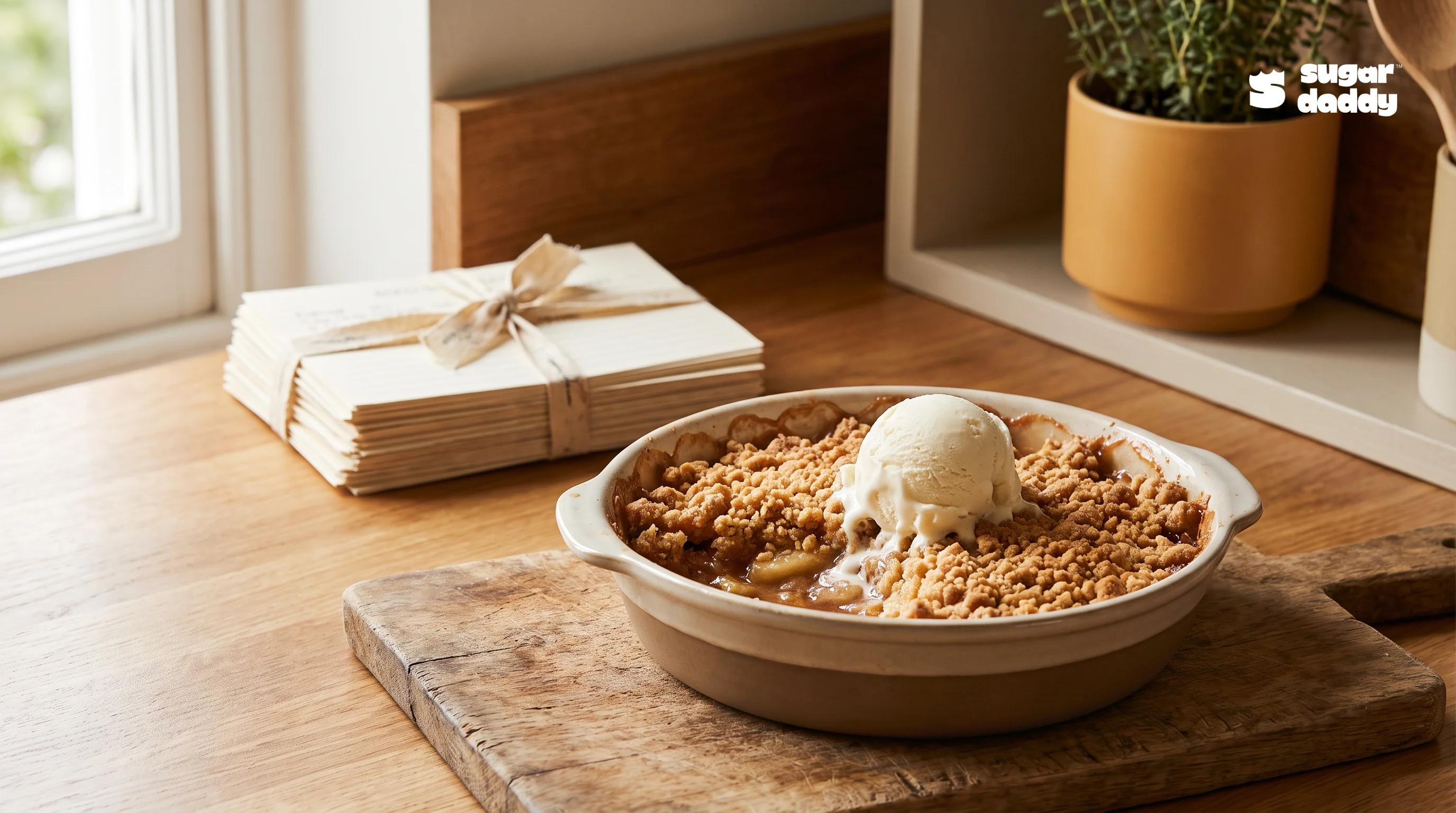 Warm apple crumble with melting ice cream, a top contender for best warm desserts.