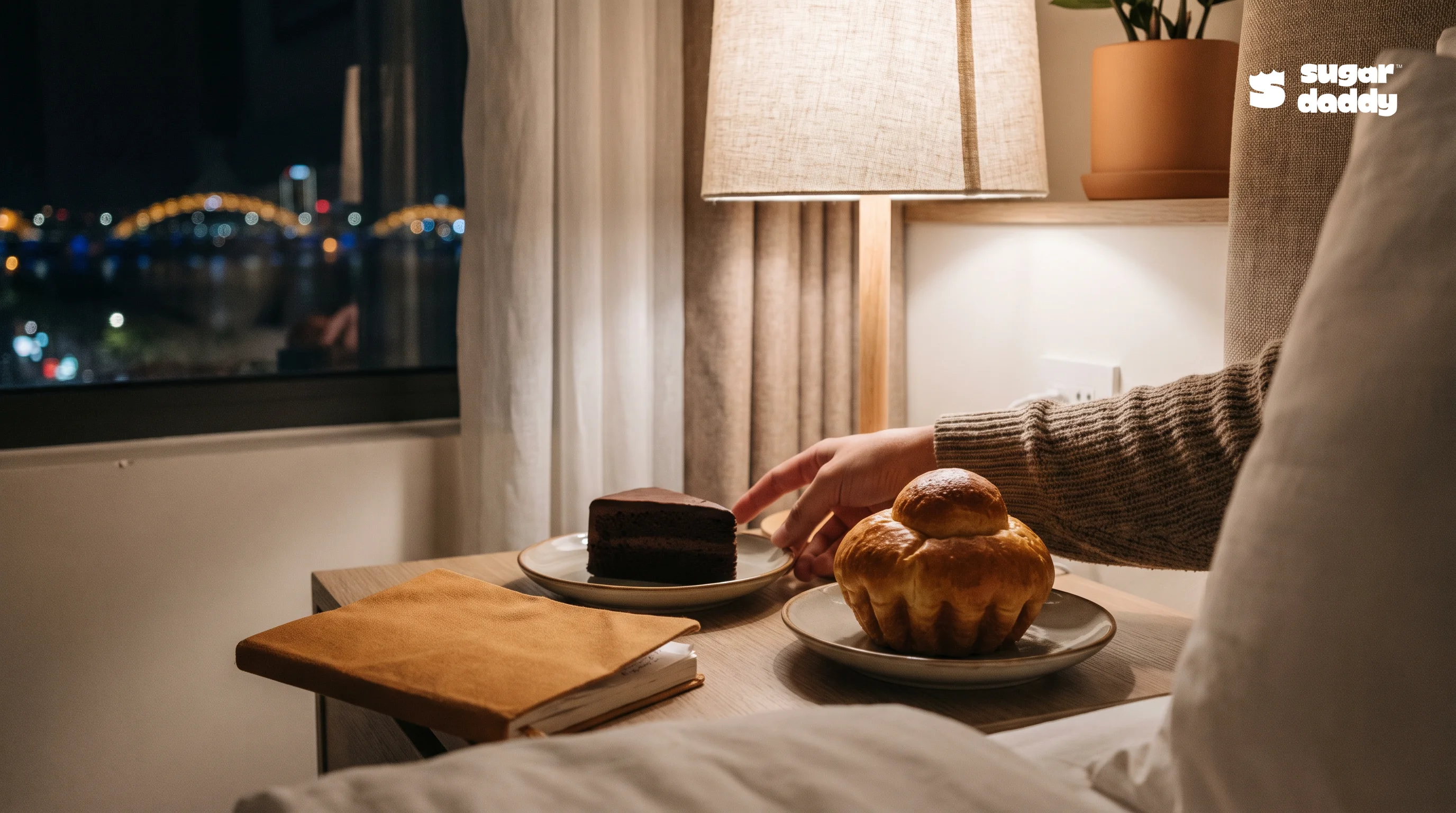 A person deciding between cake and brioche for a late-night birthday dessert in a Da Nang hotel room.