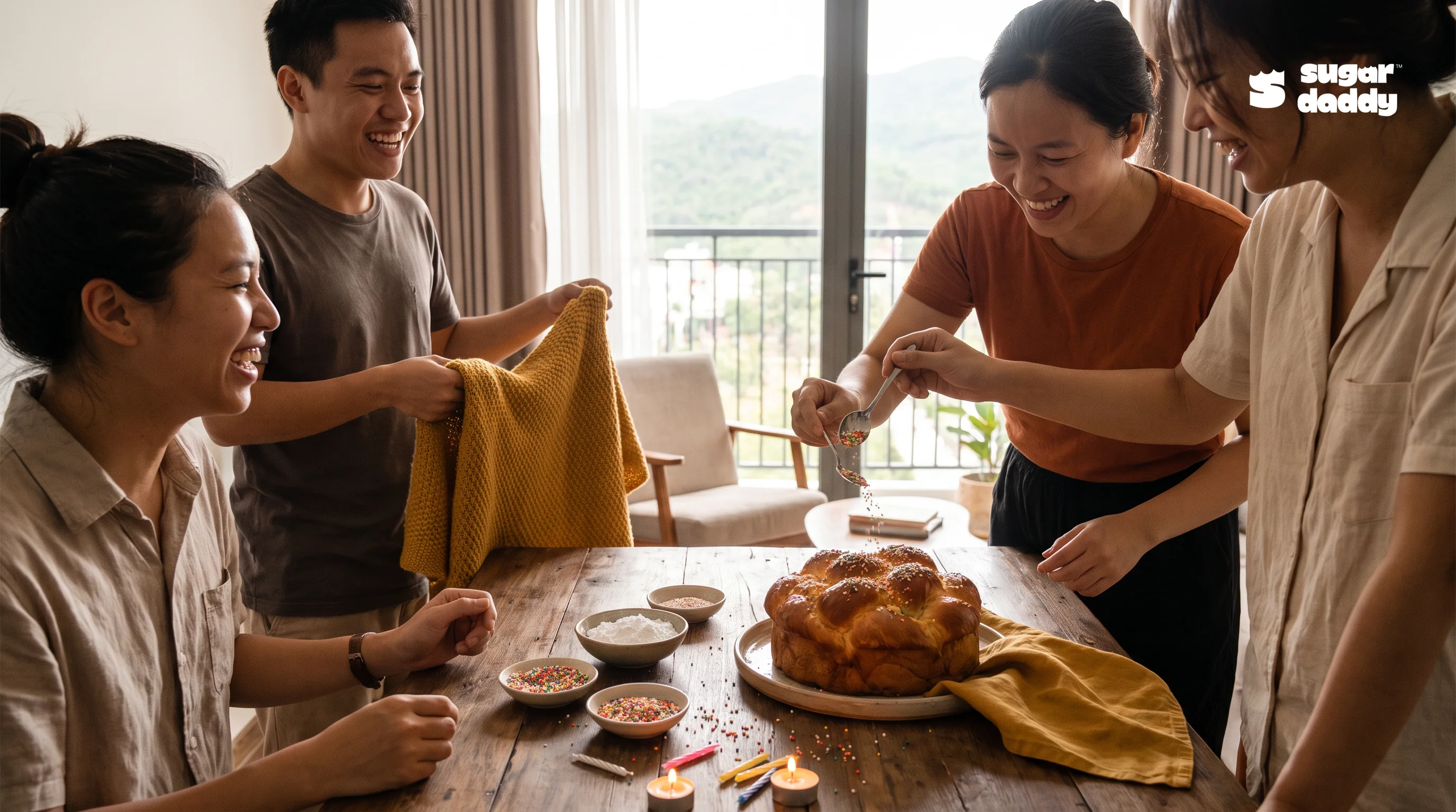 Friends sharing a beautifully decorated brioche for a birthday celebration in Da Nang.